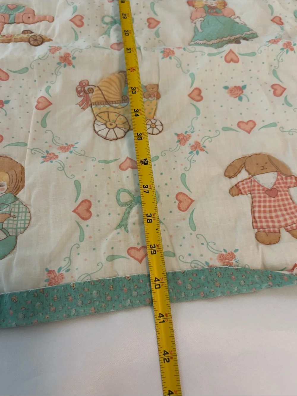 Vintage Hand Stitched Baby Quilt Blanket Mint Green Coral Baby Doll Animals